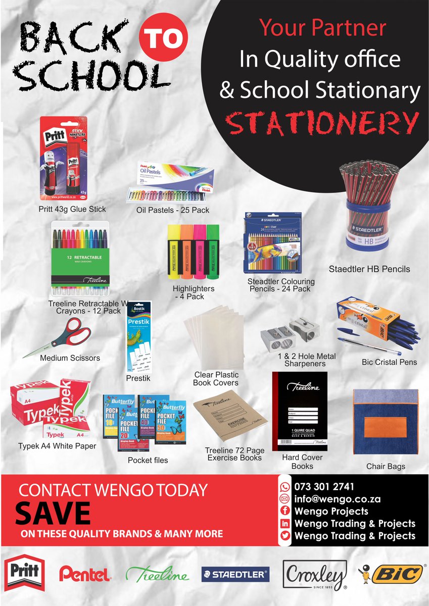 InfinityArtsmed's tweet photo. For all your school or office stationary needs. We deliver around Gauteng.
contact :

073 301 2741
info@wengo.co.za #SideHustle @MudiwaSiwe https://t.co/ywjAmjbmuI