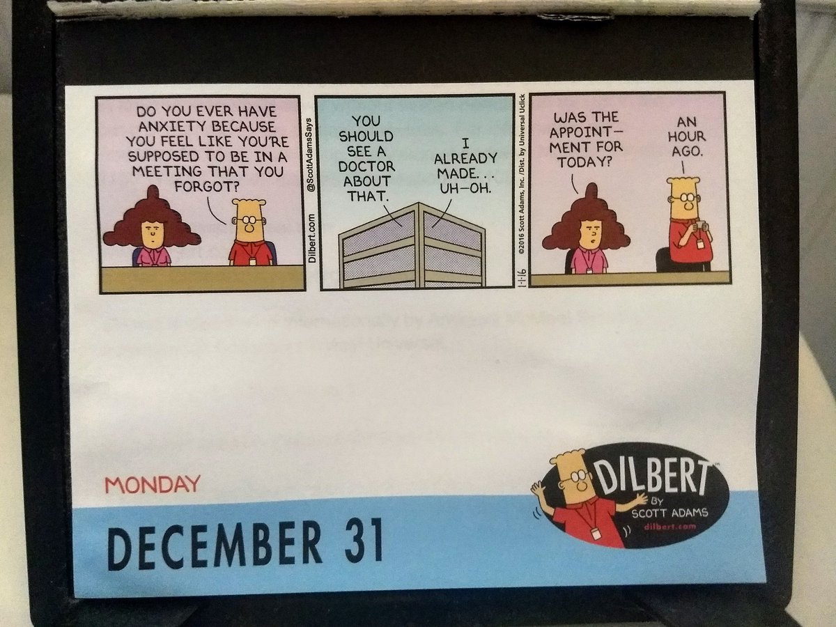 PatErrico's tweet photo. As one ends a new one begins. It's that magical day where the old  @dilbertstrip bathroom calendar gets replaced with the new. #HappyNewYear2019 https://t.co/mc9VyVLmor