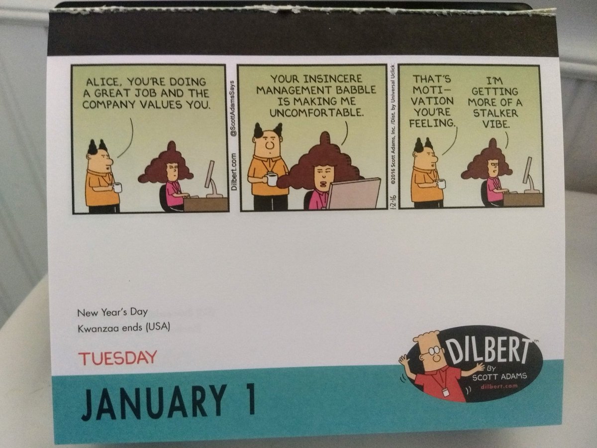PatErrico's tweet photo. As one ends a new one begins. It's that magical day where the old  @dilbertstrip bathroom calendar gets replaced with the new. #HappyNewYear2019 https://t.co/mc9VyVLmor