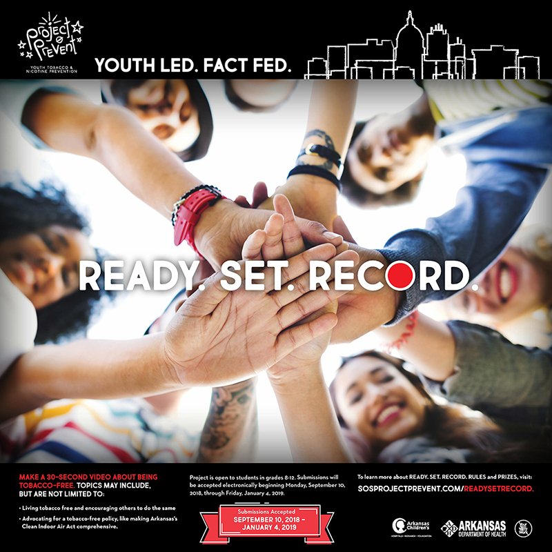 healthyactiveAR's tweet photo. Attention students, time is running out! Make a 30-second video about living tobacco free and you could win an award! Deadline is 1/4/19. #ReadySetRecord2018 #ProjectPrevent More details and rules: https://t.co/ojGXaPgtnt https://t.co/DWlNGM0zVW