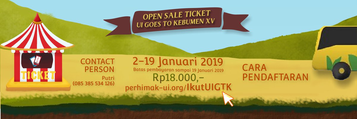 PerhimakUI's tweet photo. [ OPEN SALE TICKET ]

Hello fellas!
UI GTK XV kembali membuka pemesanan tiket loh!

Harga tiket kali ini cukup 18k

MURAH BANGET KAN??

Ayo daftar sekarang juga!

Untuk pemesanannya:
Buka link https://t.co/INEY3xfb0E

Untuk info lebih lanjut hubungi :
CP:  Putri (085385534126) https://t.co/bBdLiwPfVG