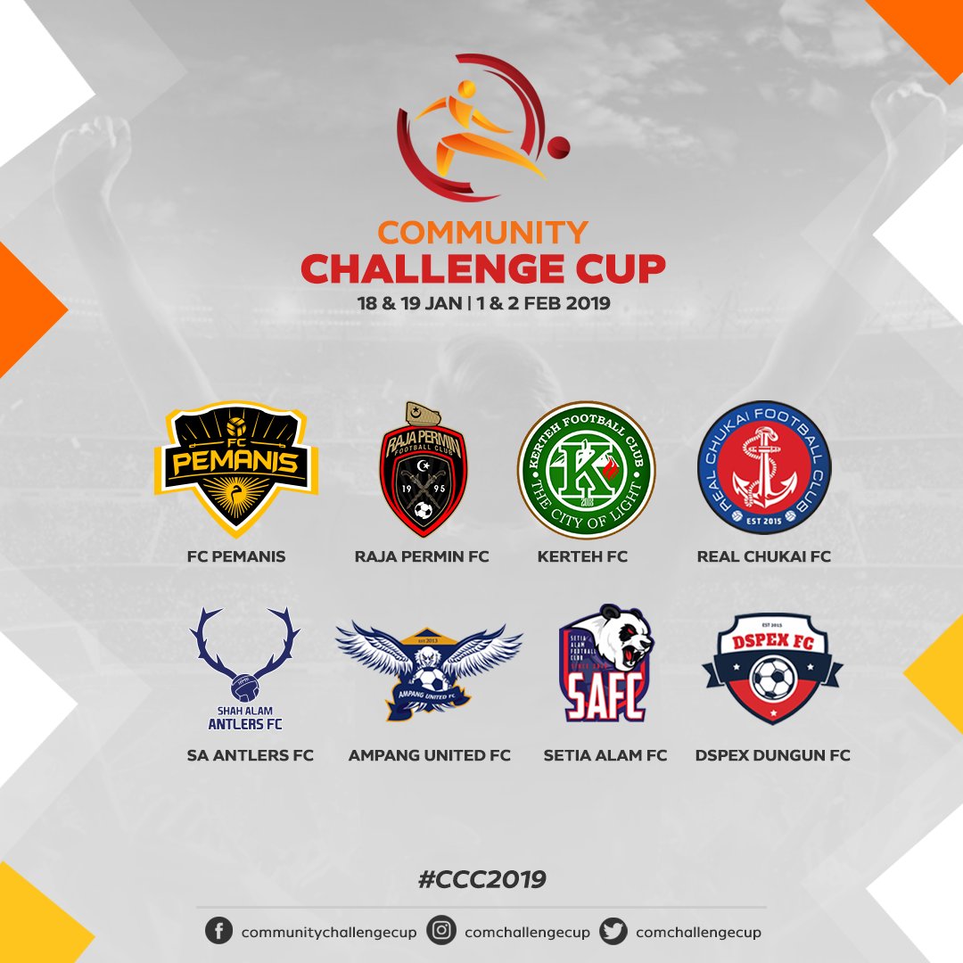 malaysianactive's tweet photo. Its official!

8 pasukan yang akan menyertai Community Challenge Cup 2019.

@FcPemanis @RajaPerminFC @KertehFC @realchukai_fc @ShahAlamAntlers @AmpangUnitedFC Setia Alam FC @DSPEXFC 

#CCC2019 https://t.co/Owy44n7BJt