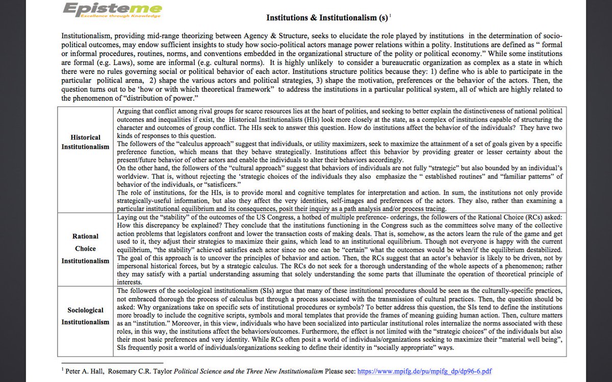If culturalist/IR-type explanations too thick &amp; agency-based ones too thin for you, then you'd know more abt 'Institutions' bridging gap btw macro&amp;micro.Institutions provides a comfort zone in your research enabling you to do precise zoom in/out &amp; mid-range theorizing in research