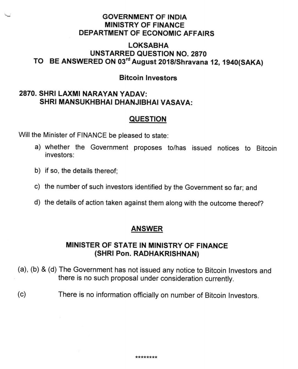 inkparadox's tweet image. if you get &quot;But Bitcoin is Banned in India right?&quot;
Lok Sabha 03/08/18: &quot;The Government has not issued any notice to Bitcoin lnvestors and there is no such proposal under consideration currently.&quot;

Only RBI wants to curb the use of Crypto as &quot;Currency&quot; as of now. #isupportcrypto