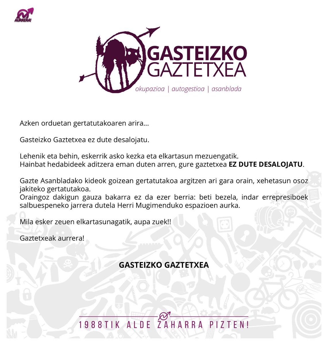 ADI! Azken ordutan gertatutakoaren arira...

Laster informazioa berritzen jungo gara. Mila Esker zeuen elkartasunagatik!

#GasteizkoGaztetxea #gaztetxeakaurrera