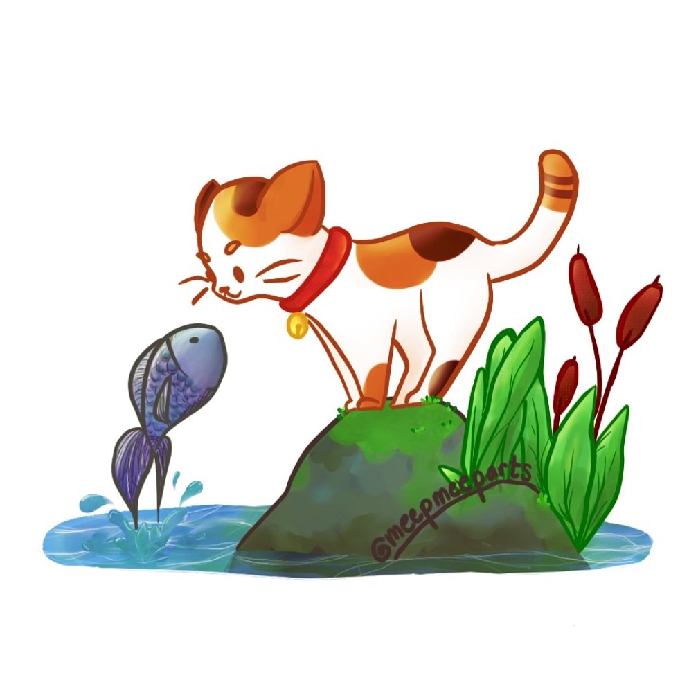 A fish with a little kitty cat 🐟🐈 Happy New Year everyone!🎉🎆 Hope you'll have a great year this 2019 #kittycat #kitten #fish #rock #water #digitalart #cattail #moss #cat #brown #white #tricolor #cute #adorable