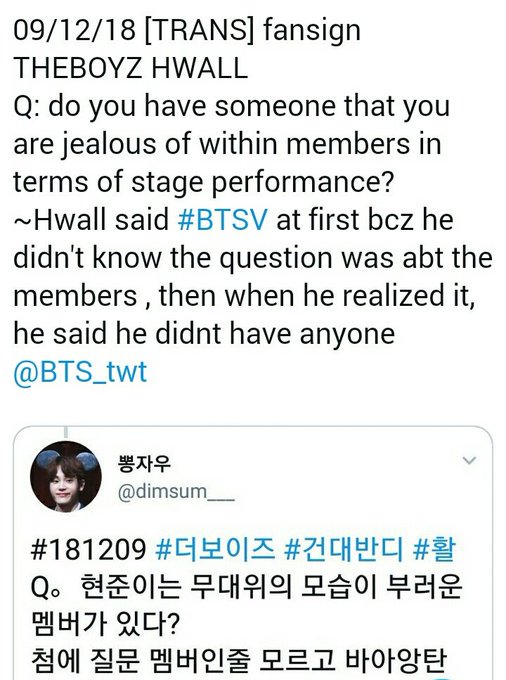 Hwall mentioned that he wants to be like TaehyungMembers: Why?Hwall:As u can see from the stage he is VERY ARTISTIC  #BTSV is rly good at communicating with the fans& he performs onstage as IF HE WOULD CRUSH ITHwall's admiration for Tae is so deep & real A true fanboy @BTS_twt