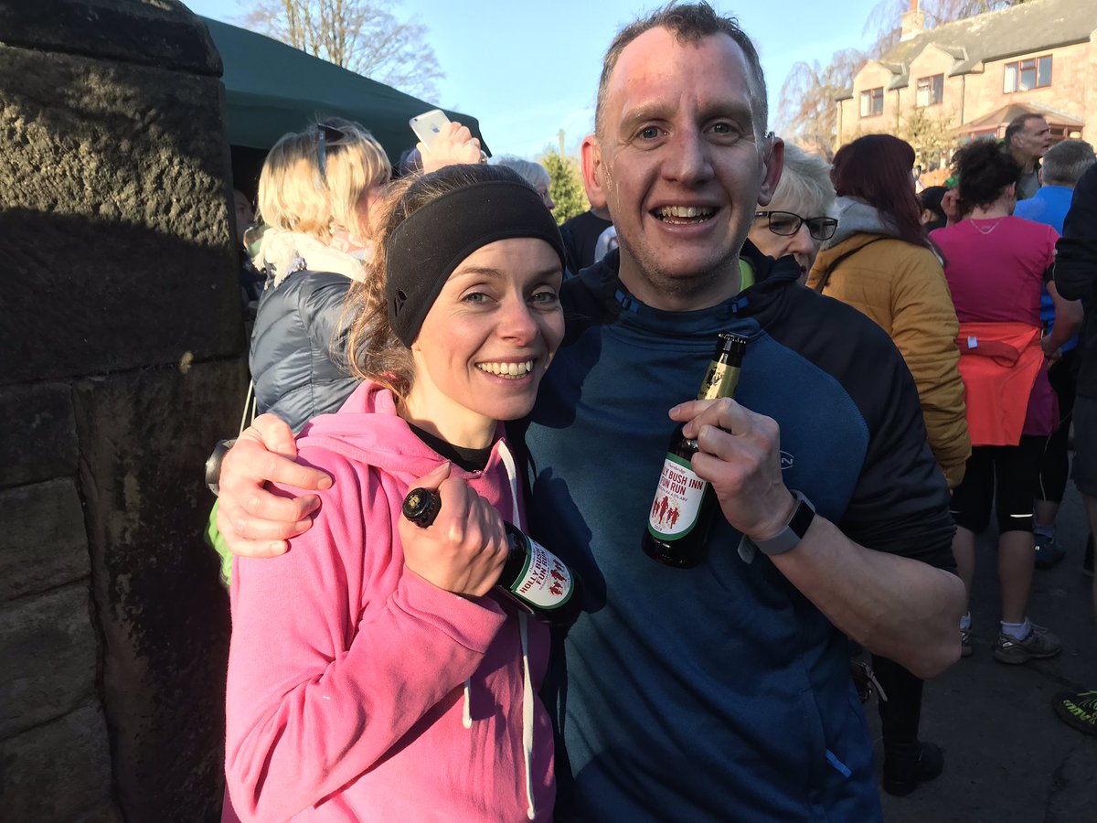 StubbsyAndy's tweet photo. Most people like to spend New Yearโs Day recovering, me and my mate @ruthkeeley choose instead to join over 200 other mad people for a fun race instead at the @HollyBushBEER with a great prize! #newyearsdayfun https://t.co/I9BPjnv0Od
