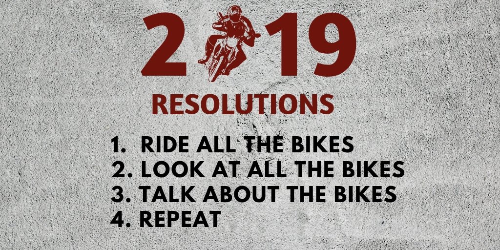 thebikeshows's tweet photo. New year!  Same goals!  Make 2019 an awesome one!  #motorcyclegoals #ridemotorcycleshavefun #2019resolutions #motorcycleshows #ridethebikes #ridingseason #summer2019 #twowheels #twowheelfun #lovemotorcycles https://t.co/DLqVYHm4kS