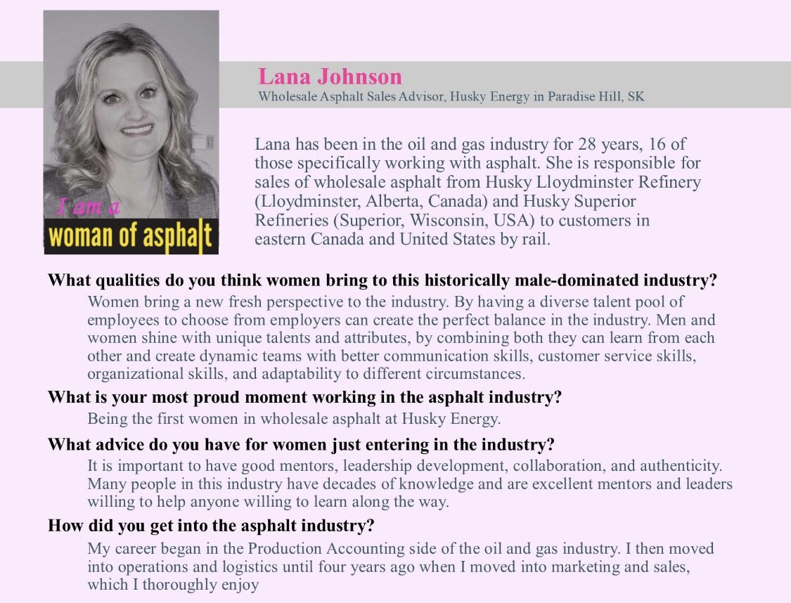 womenofasphalt's tweet photo. "I am a Woman of Asphalt: 100 Days Until World of Asphalt 2019"
Starting November 5th and for the next 100 days, we'll be featuring a woman who was nominated by her peers as someone who makes a difference in the asphalt industry.
#43
Lana Johnson
@HuskyEnergy https://t.co/sVZEz9rC1l
