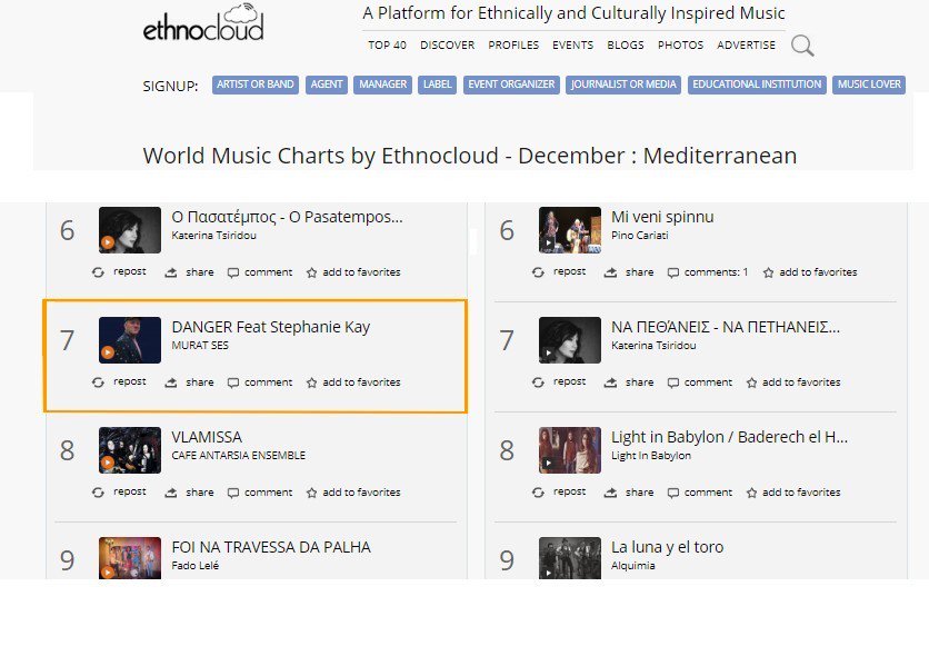 ethnocloud.com/MURAT_SES/?son…
#DANGER by <a href="/MuratSes/">Murat Ses</a> at #7 on <a href="/EthnoCloud/">EthnoCloud</a>'s #MediterraneanInfluencedHitCharts <a href="/tanses73/">Tan Ses</a>  <a href="/clouzine/">CLOUZINE™ Independent Online Music Publications</a> <a href="/DorakSelim/">SelimDorak</a> <a href="/dsymusic/">Dennis Sy</a> <a href="/nytimesmusic/">New York Times Music</a> <a href="/LAWeeklyMusic/">LA Weekly Music</a> <a href="/billboarddance/">billboard dance</a> <a href="/Schwarzenegger/">Arnold Schwarzenegger</a>  <a href="/iamrobertdobbs/">Robert Dobbs</a> <a href="/JiznPromo/">Jizn Promo</a> <a href="/Ozzmak/">Ozzmak</a> @HollywoodBTM  <a href="/CGTNOfficial/">CGTN</a>