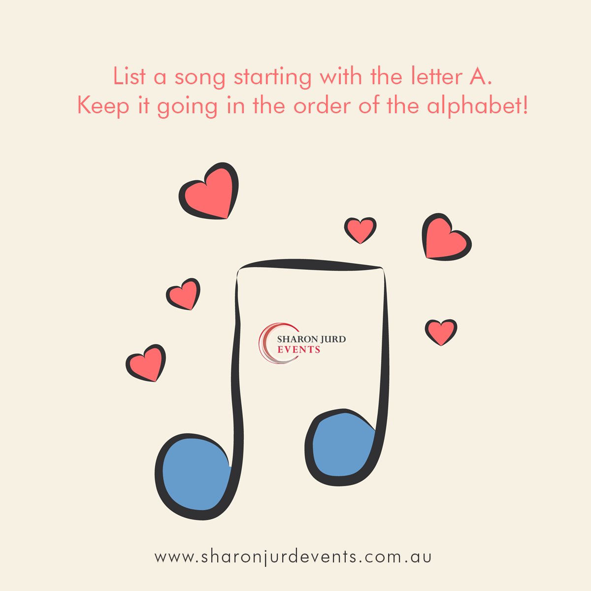 SharonJurd's tweet image. List a song starting with the letter A. Keep it going in the order of the alphabet!

#Song #CommentGame #NameASong #SharonJurd