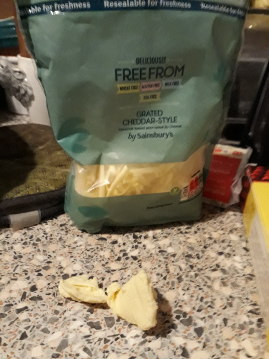 HollyAnnePlant's tweet photo. @sainsburys thought I'd try out your dairy free grated cheese. Wasn't expecting to find these massive chunks inside. Did someone get bored? Tasted great in my fajitas though 😉 https://t.co/8KMw4b5QgG