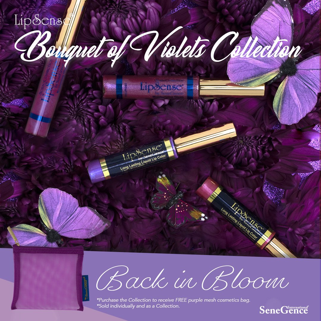 senegence's tweet photo. We're back in bloom with our limited edition LipSense Bouquet of Violets Collection. Add a pop of purple with two waterproof, smudge-proof, budge-proof LipSense shades and two moisturizing Glosses inspired by violet flowers 💜 https://t.co/L0zZTuAAAc