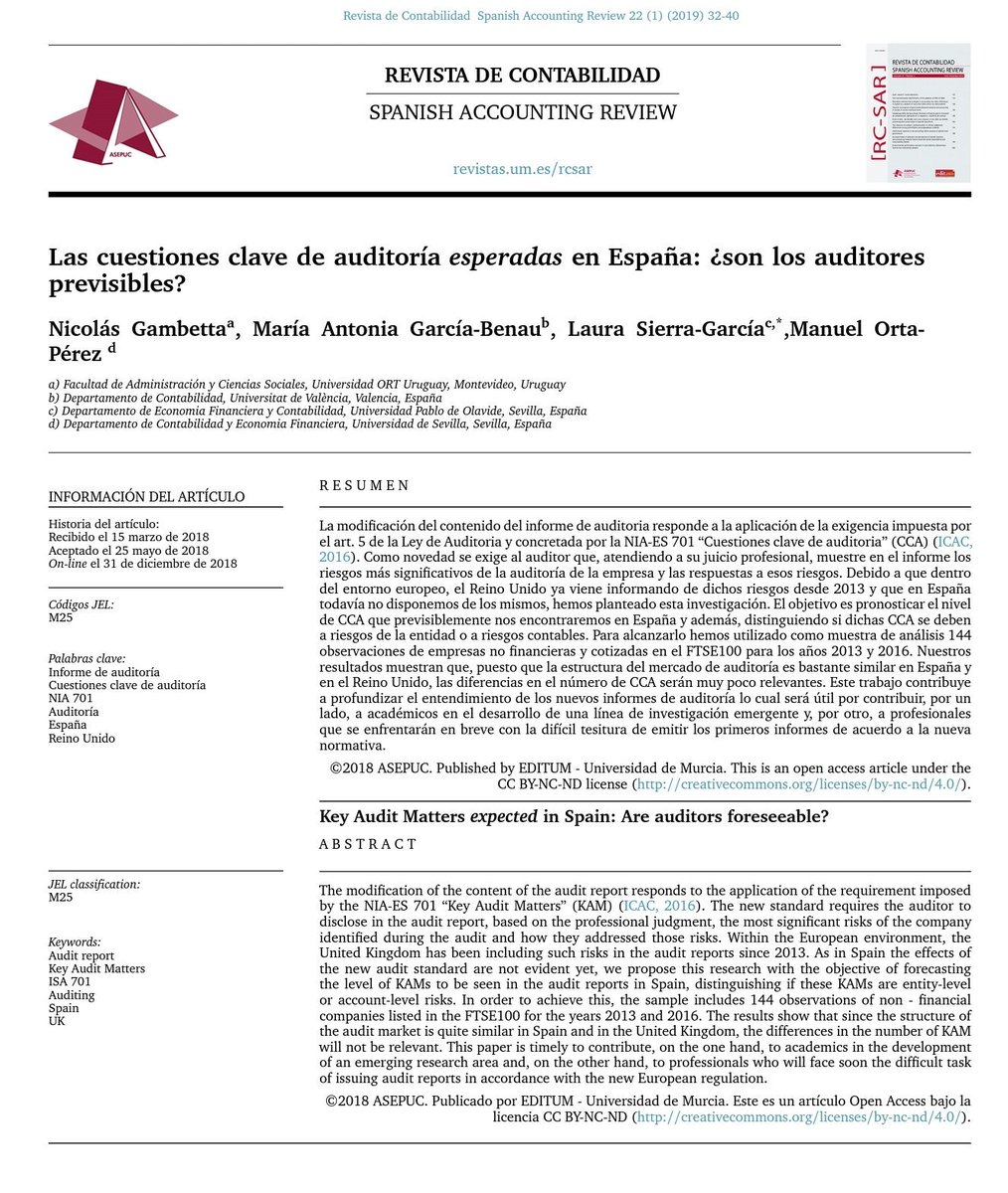 El 2019 ha iniciado con la publicación hoy de mi artículo "Las cuestiones clave de auditoría esperadas en España: ¿son los auditores previsibles? " en la Revista de Contabilidad - Spanish Accounting Review con <a href="/garciabenau/">María Antonia García Benau</a> , Laura Sierra y Manuel Orta:
revistas.um.es/rcsar/article/…