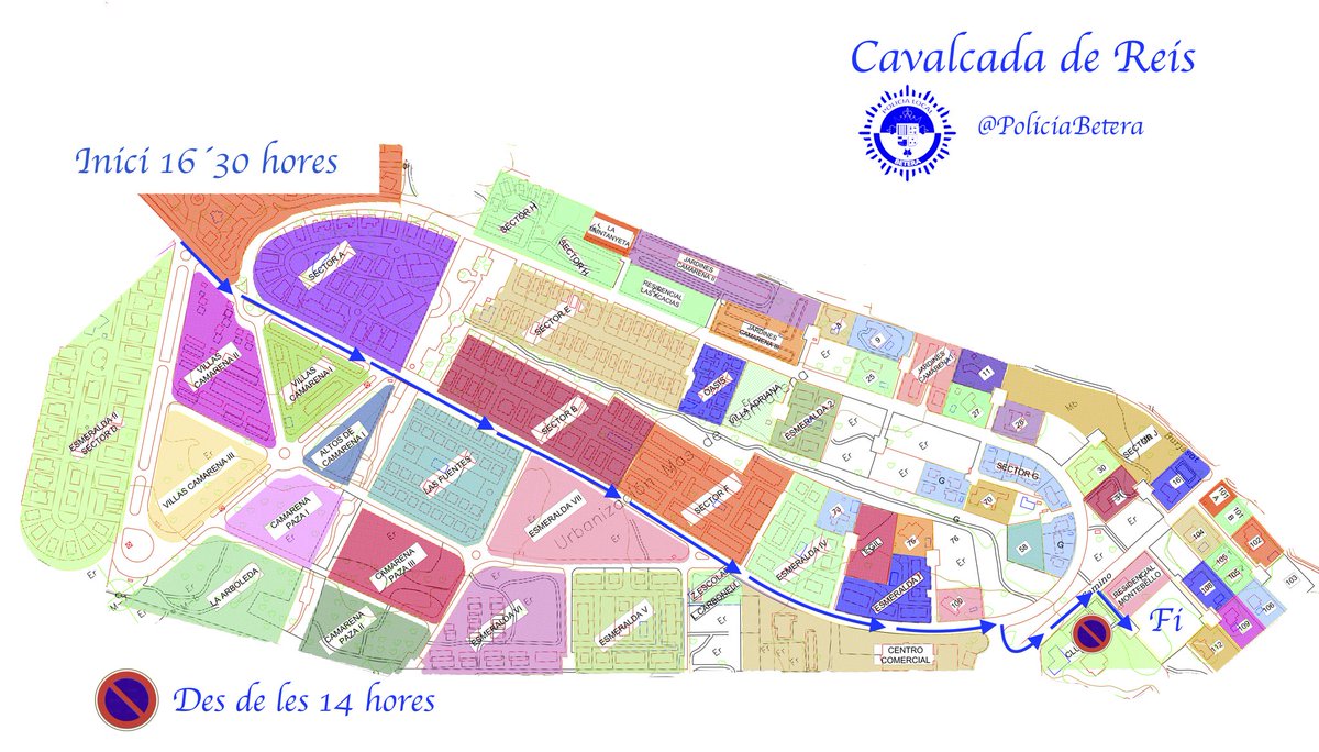 PoliciaBetera's tweet photo. Dissabte 5. Cavalcada de Reis a Mas Camarena. 
✔️Inici a les 16’30 hores. 
✔️Tall i desviació del trànsit en el seu recorregut. 
✔️Restricció d’estacionament en l’accés al club social des de les 14 hores. 
✔️🚫Senyalitzat🚫
✔️Recorregut 👇👇👇👇👇 https://t.co/sWm9KgnXoT