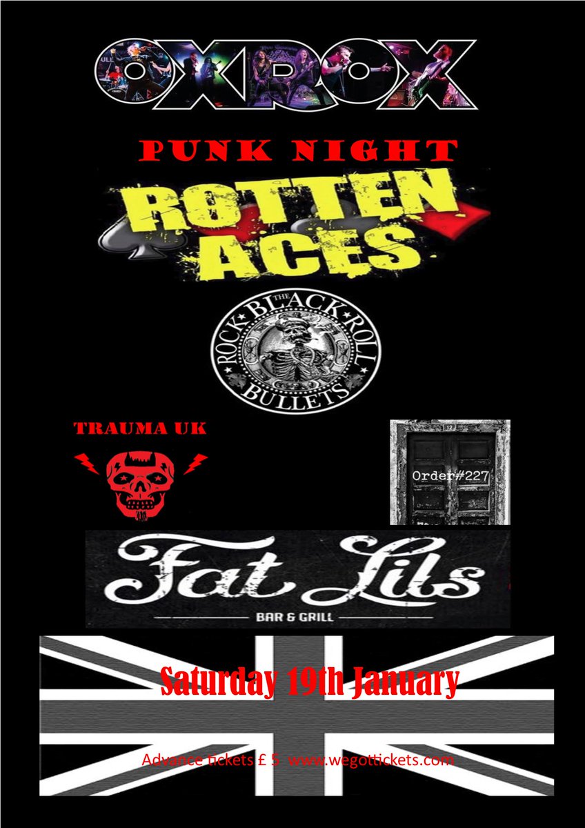 Next gig <a href="/FATLILS/">FAT LIL'S</a>  with the brilliant <a href="/BlackBulletsUK/">The Black Bullets</a> with #rottenaces &amp; #order227 19th January #punk #witney #oxford #livemusic #party