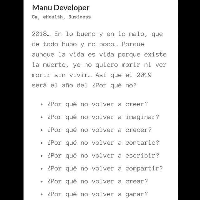 manuel__esc's tweet image. El 2019 va a ser simplemente BRUTAL. ¿Por qué no? #feliz2019 
Pero del 2018 aún no te he compartido mi visión PERSONAL... Link en la bio.
#Developerlifestyle #xamarin bit.ly/2EZbKyY