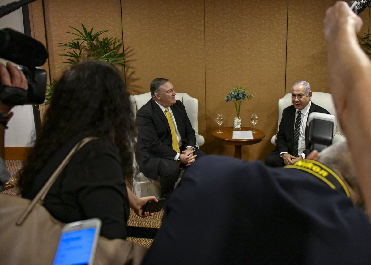 U.S. Secretary of State Michael Pompeo and Israeli Prime Minister Benjamin Netanyahu deliver brief remarks before their meeting in Brasilia, Brazil, January 1, 2019.