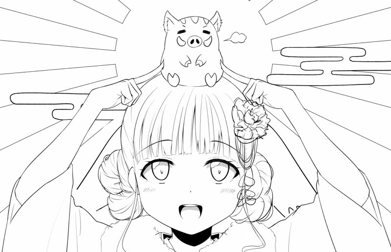 年賀絵の線画とちゅー。細かなとこが終わらなかったので続きは後日! 