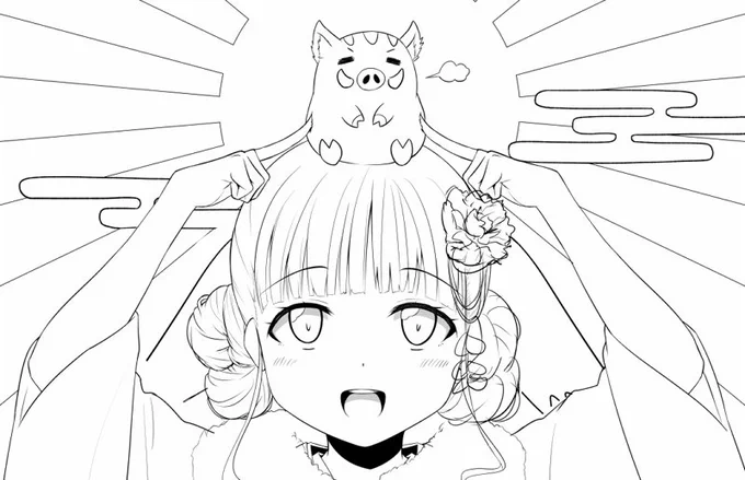 年賀絵の線画とちゅー。細かなとこが終わらなかったので続きは後日! 