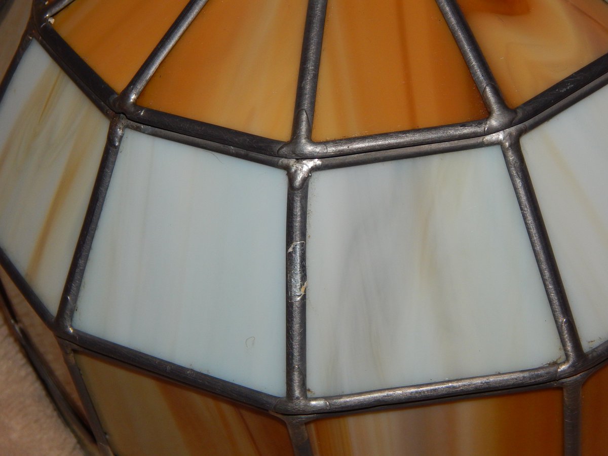 OutOfTheDark18's tweet photo. Vintage Slage/Stained Glass Shade. 6.5 inches tall and 9 7/8 inches wide. Please see photos for best description. There is one small chip and one small crack, as seen in photos. #Vintage #StainedGlass #Slage #OOTD https://t.co/qv6Gtp2LBK