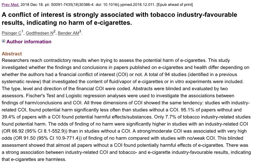 Next time you hear someone quoting research that suggests #ecigarettes are/potetially all but harmless, chances are it was ecig or tobacco industry funded ncbi.nlm.nih.gov/pubmed/3057668… Who'd have thought?