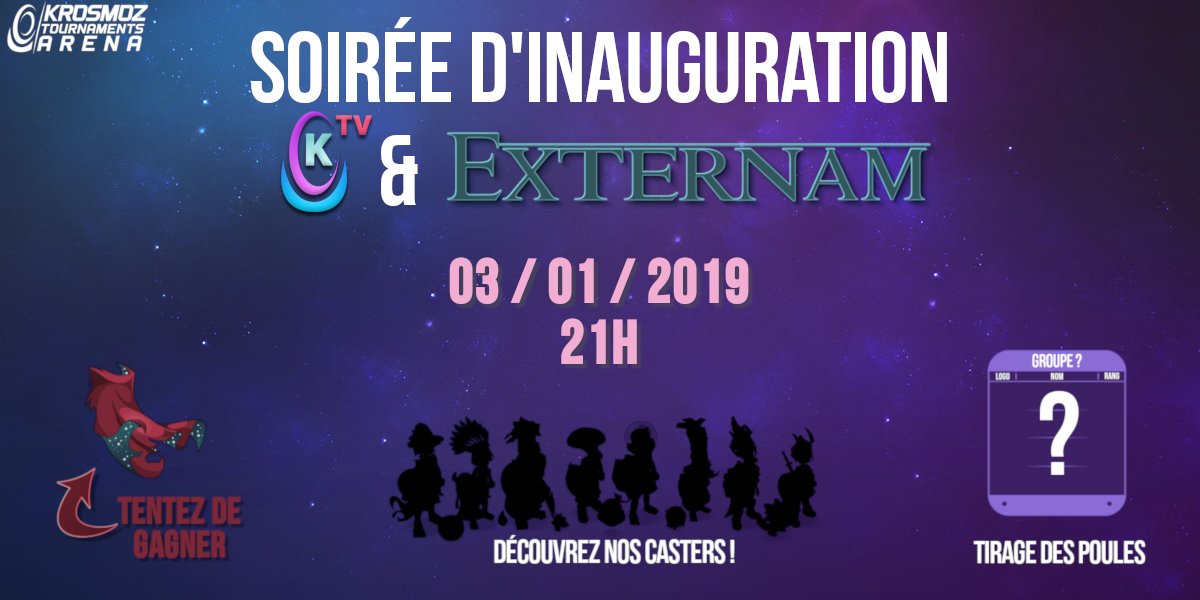 DOFUSEsport's tweet photo. Bonne année 2019 à tous ! 🥳

Le KTA vous propose de la commencer de la meilleure des manières, avec la soirée d'ouverture de l'Externam... sur notre nouvelle chaîne Twitch, la KTV ! 📺

Rendez-vous ce jeudi 03/01 à 21h sur https://t.co/jBdIo0NQ1n 😊 https://t.co/wIAHz0DIJY