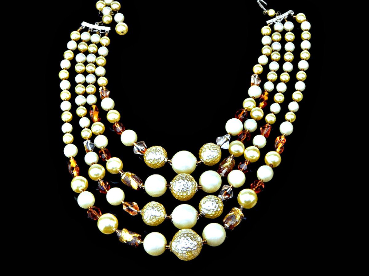 etsy.me/2BRobcP #MultiStrandNecklace #fourstrandnecklace #Pearls #Artglass #DichroicGlass#AmberCrystals #Signed #Japan #1950sjewelry #artglassjewelry #dichroicglassjewelry #vintagejewelry #vintage #etsy #gotvintage