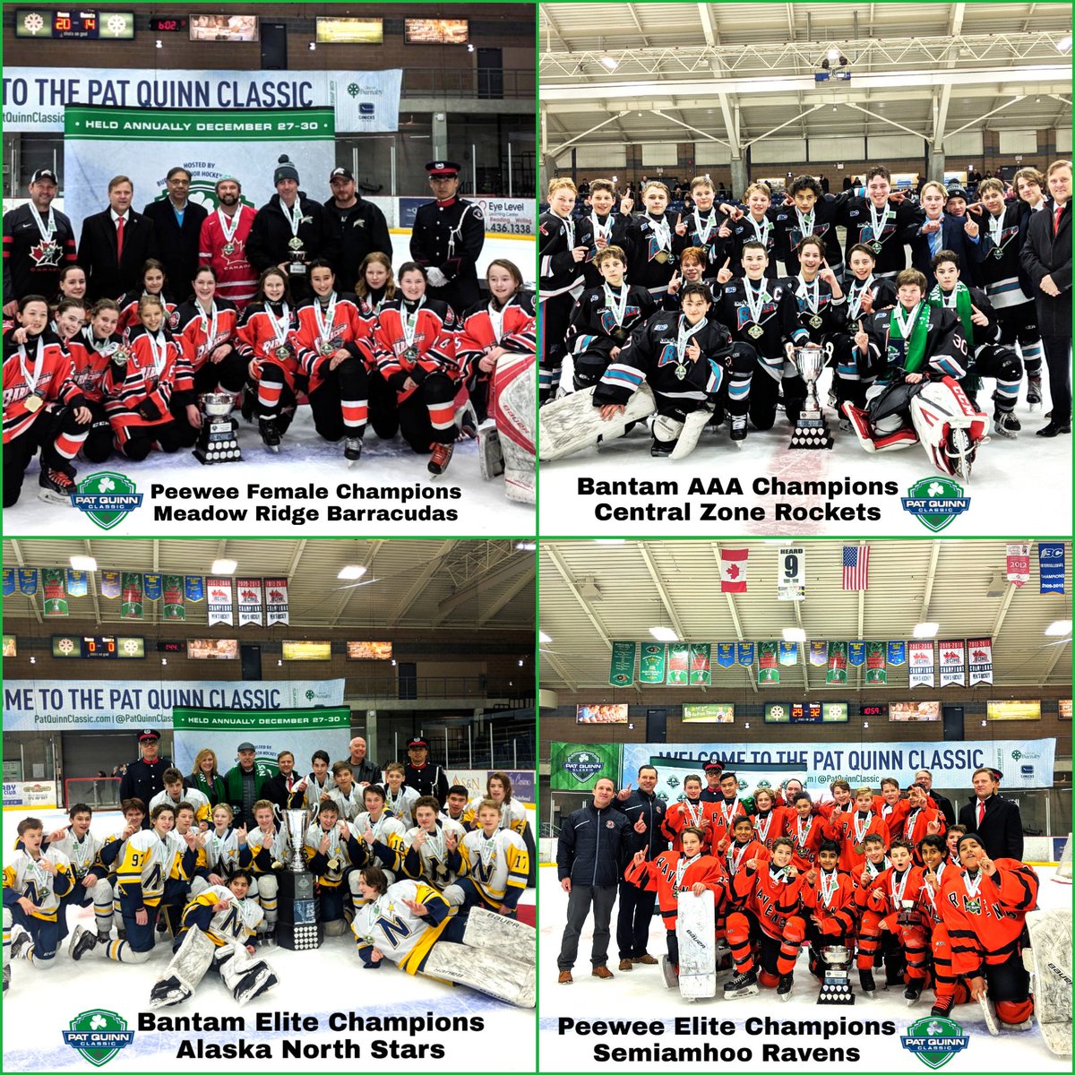 PatQuinnClassic's tweet photo. It's 2019 and these 4 teams got to wake up as Champions! 🏆🏅☘️

Peewee Female Division
Meadow Ridge Barracudas

Peewee Elite Division
Semiamhoo Ravens

Bantam AAA Division
Central Zone Rockets

Bantam Elite Division
Alaska North Stars
#PQC18 https://t.co/UZZM5Mi9Pg