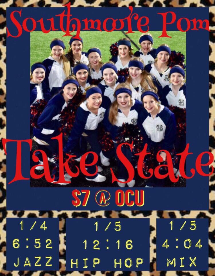 SouthmoorePom's tweet photo. State is THIS weekend! Come out and show your support for your favorite pom squad! We would love to see you there! #takestate #shspom https://t.co/PlWY8PIwA9