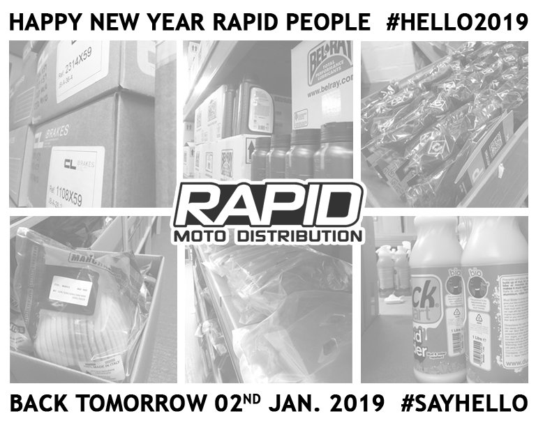 Wishing everyone a Happy New Year !
Its back to normal tomorrow so get in touch to order...
01935 863 988 or Login Online at rapid-moto.com 
#Moto #Motorcycle #MX #Enduro #Distribution #B2B