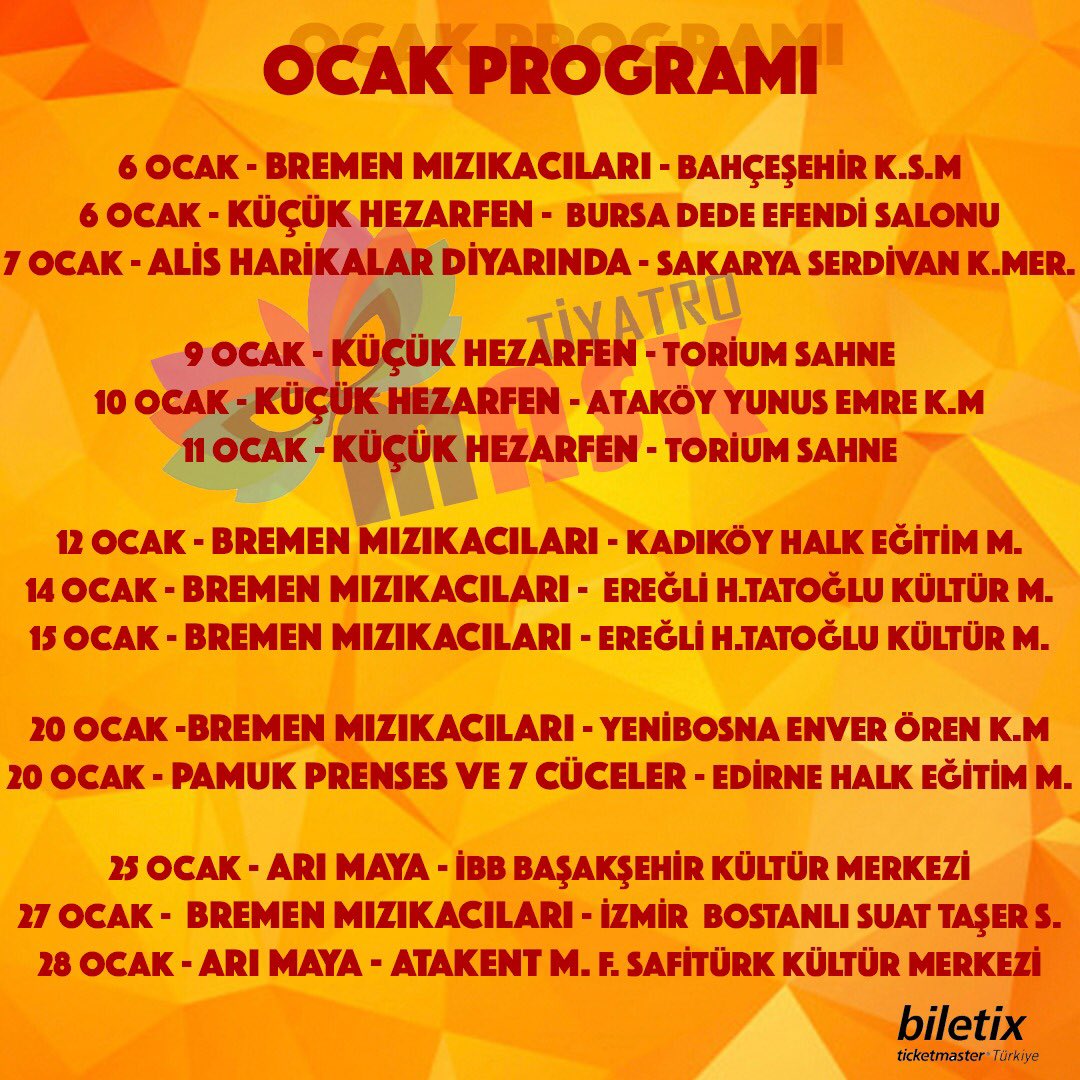 ⛄️ Hazır soğuklar geliyorken sımsıcak programla Ocak’ta yine yollardayız🥳🎭 Siz neredeyseniz biz oradayız😍 #TiyatroMask #alisharikalardiyarında #küçükhezarfen #bremenmızıkacıları