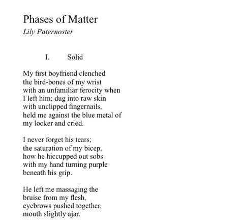 ElanLitMagazine's tweet photo. Happy holidays and a happy new year from the Elan staff! Start off the year by reading our Fall Online Edition, https://t.co/E6aRo9rzlb , or buying past editions through our website's product page!
Poem: Phases of Matter by Lily Paternoster
#elanlitmag #creativewriting #dasota https://t.co/QlN5oVUCyd