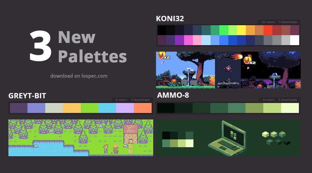 regn hierarki børste Lospec on Twitter: "We got 3 new palettes for you! A bright 32-color by  @ConnyNordlund, a green gameboy-like 8-color palette by @rsvpasap1 and a  weird grey shadow 8-color thing by @skeddles DOWNLOAD: