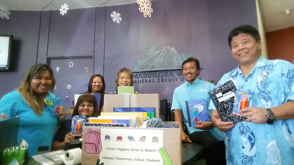 MVFCU Waipahu Office completed another year of a successful school supply drive for Honowai Elementary school. 
Pictured (left to right) Alissa Fuerte, Stephanie Ferreira, Lynn Parras, Manager-Frances I Cajimat,  Bill Rol, and Principal of Honowai-Kent Matsumura.