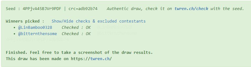 Here are the winners! Please send us a DM! If you don't DM within 24 hours, we will redraw. Thank you to everyone who participated!