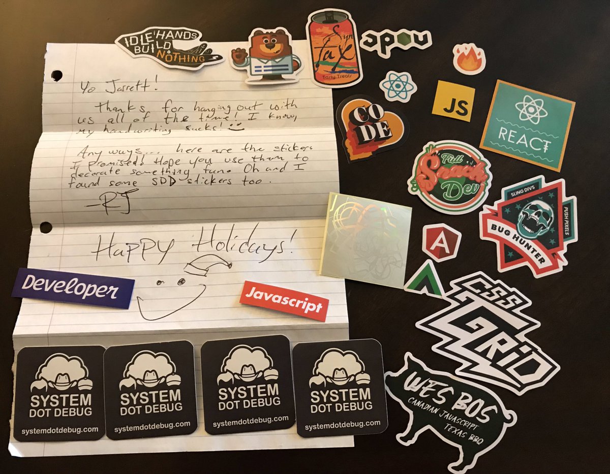 HootieMcOwlface's tweet photo. 🌺I checked my mail for the first time in weeks. 🤩Only to find a pile of @wesbos AND @systemdotdebug stickers from my friend @theinfamousrj!😁 Happy New Year to me! Thank you so much. Can’t wait to start putting them on the coolest things.😎 #BosStickers #SystemDotDebug #Ohana https://t.co/yLw7rSjEwJ