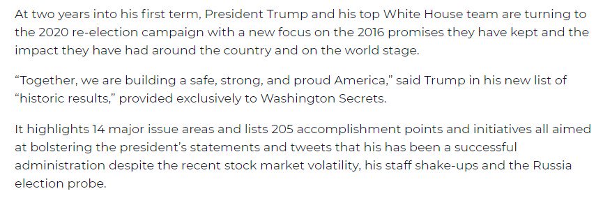 ddale8's tweet image. Great moments in media: Trump's team gives the Washington Examiner an "exclusive" list of 205 supposed "historic" accomplishments he will campaign on; the Examiner just publishes it in full; Trump tweets about it as if it came from the Examiner.