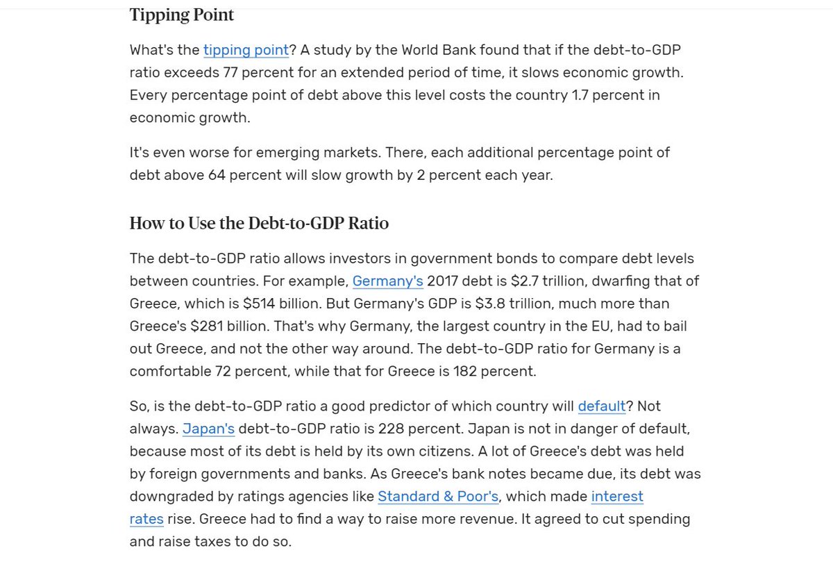 62) A study by the World Bank found that a 77% debt to GDP ratio tends to slow economic growth. For developing nations, even a 64% debt to GDP is bad news.(A country that spends money on debt, can't spend money on things that stimulate the economy.) https://www.thebalance.com/debt-to-gdp-ratio-how-to-calculate-and-use-it-3305832