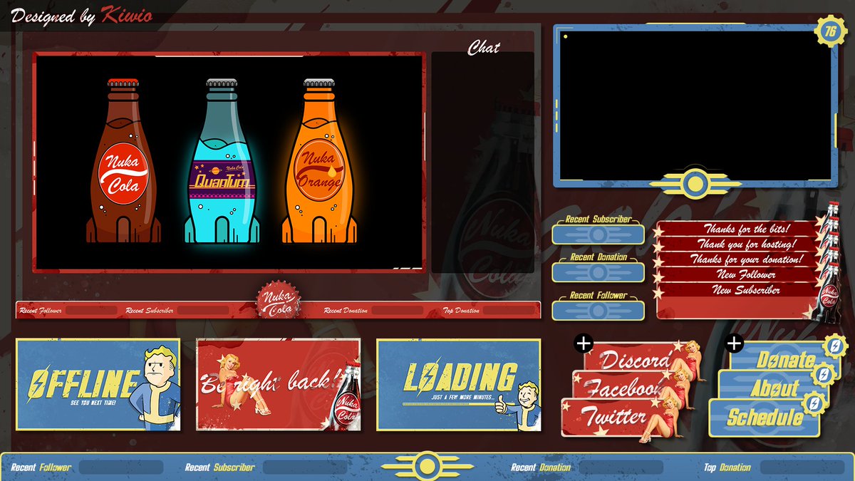 Kiwio__'s tweet photo. Pre-Made Fallout themed Twitch Package for sale!☢️☢️☢️
• Stream Overlay
• Alerts
• Panels
• Offline/BRB/Loading Screen
+ Nuka Cola Classic/Quantum/Orange emotes/sub badges
Selling for 70€ - feel free to dm me for further details🤙🏻

HD: https://t.co/yu75DfsJw1

RT pls🙏🏻💗 https://t.co/WEyKYTlbuJ