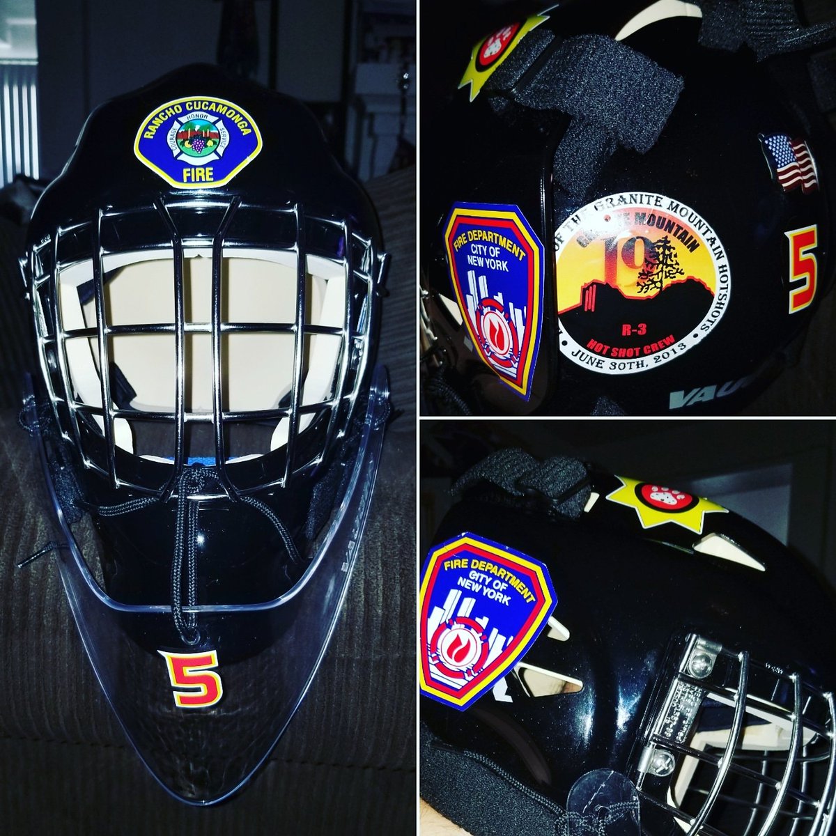 fearthebear5's tweet photo. Happy New Year!!! Bear's New Mask is ready for its' game debut later this month. The front honors heroes & family at RCFD; the sides honors the fallen FDNY heroes of 9/11; back plate honors the Granite Mountain Hot Shots 19. #FearTheBear #DontPokeTheBear #WeAreFireDogs โค๐๐ค๐บ๐ธ https://t.co/rX6LxCTMQu