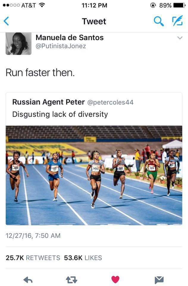 JDangertm's tweet photo. What's funny is that their argument "run faster then" is the argument against affirmative action.👌 https://t.co/tb3F4pTCMl