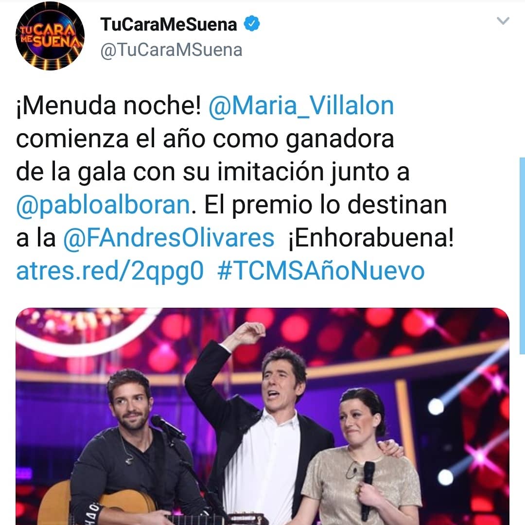 pabloalboran's tweet photo. Felicidades @Maria_Villalon !!!!! Ha sido un placer enorme acompañarte en @TuCaraMSuena . Gracias a todo el equipo por el cariño y el buen rollo. 
Da gusto reírse con vosotr@s. Millones de abrazos y... Feliz año!!!! 
Beso enorme a mi @FAndresOlivares !! https://t.co/mNW49XFXV4