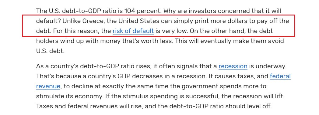 68) Some people aren't concerned about rising debt. They point out that we can always print more money to repay it.You know... the way Zimbabwe and the Weimar Republic did.  https://www.thebalance.com/debt-to-gdp-ratio-how-to-calculate-and-use-it-3305832