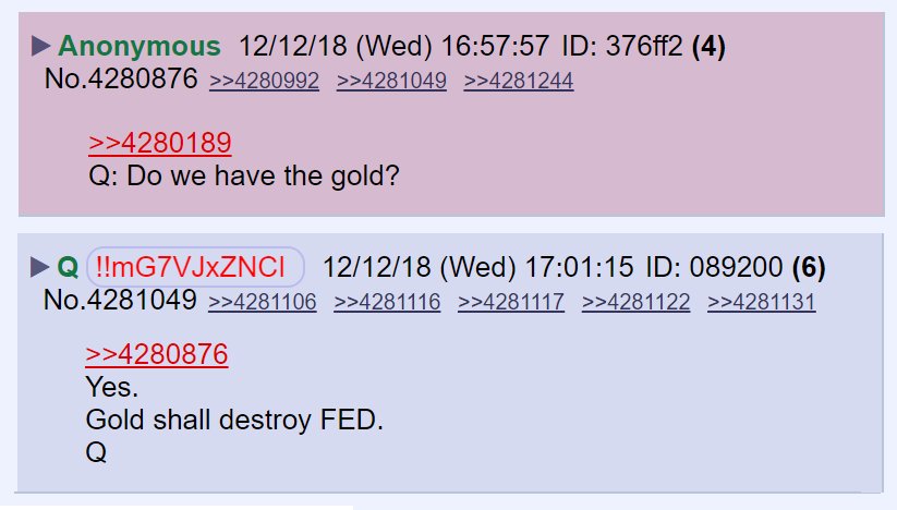 85) In his question and answer session a couple of weeks ago, Q didn't mince words. He said we have the gold it will destroy the Fed.