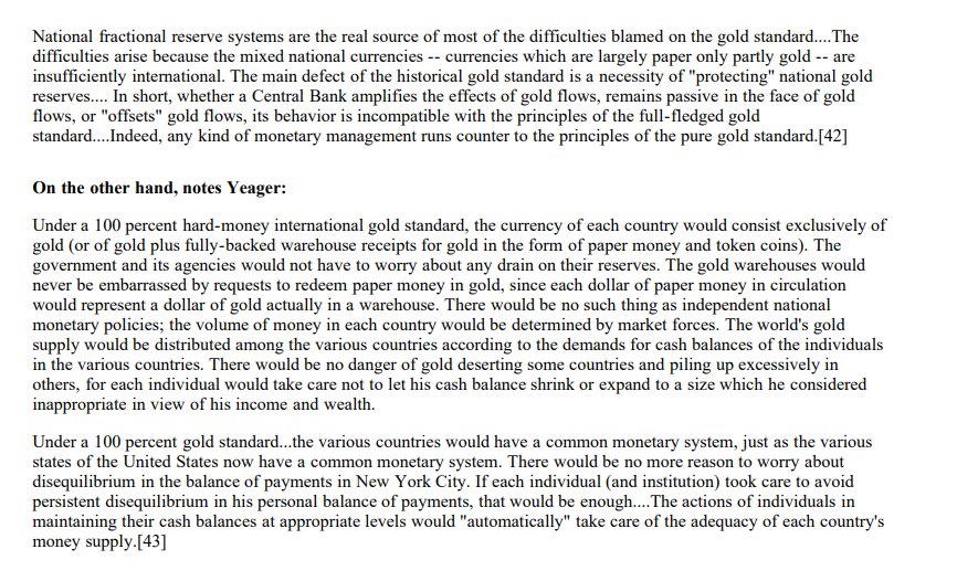 99) Yeager argued that anything less than a 100% free market system devoid of government regulation would lead to the problems seen in past and present monetary systems.