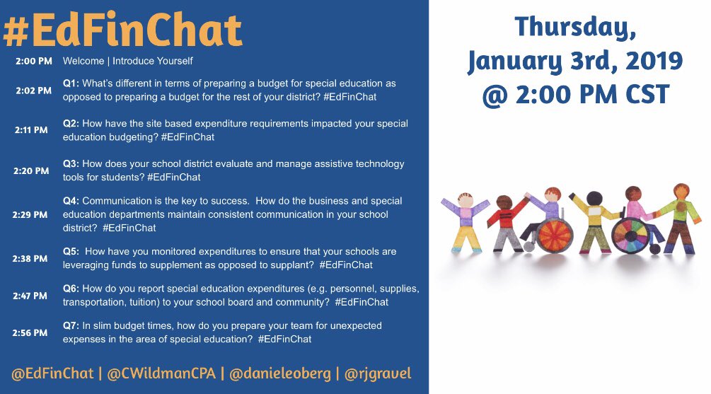 EdFinChat's tweet photo. The next #EdFinChat is on Jan 3 at 2PM CST 🇺🇸 🇨🇦/ 8PM GMT 🇬🇧 🇪🇺 guest hosted by @kdruben. The topic is Special Education! The questions are here to post with @TweetDeck. Please join us! @IllinoisASBO @ASBOIntl https://t.co/cXex3jI4Qx
