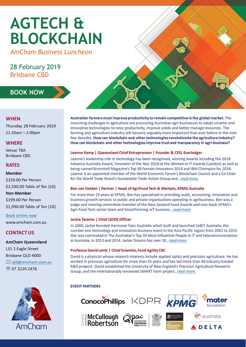 USwithAUS's tweet photo. Join us for lunch on 28 Feb to hear industry experts discuss how #Blockchain is revolutionising the #AgTech Industry &amp; many others. @QChiefEntrepren @leanne_kemp @CuriocityBris @qode_ @DaveLambPrecAg @foodagility @ben_vandelden @kpmgaustralia @katejonesqld @brismarketing @teqld https://t.co/4Icij2s6ua