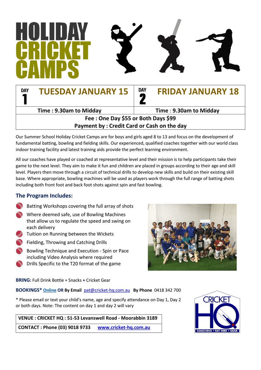 CricketVicHQ's tweet photo. School Holiday Cricket Camp @CricketVicHQ for 8 to 13 year olds Tuesday 15th Jan or Friday 18th Jan - $55 for either day or $99 for both
https://t.co/hcu5Uwhvlw https://t.co/t66AiOxhPd